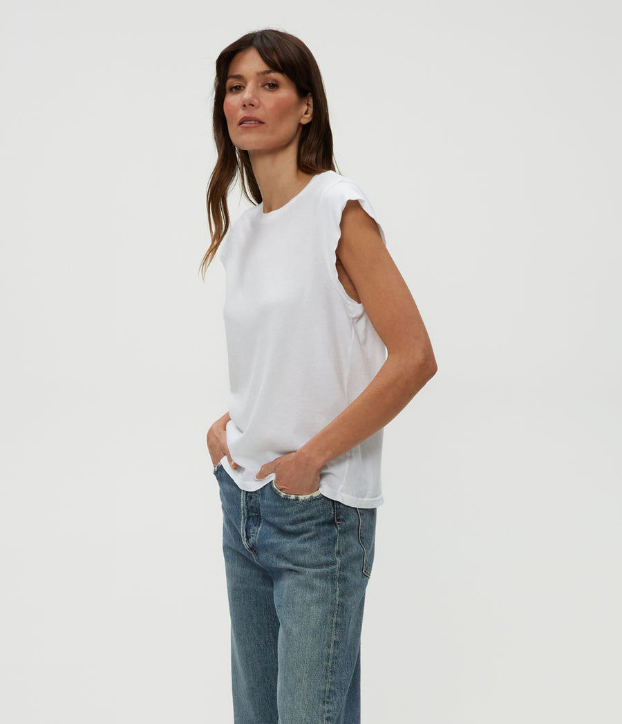 Joey Power Shoulder Tee in White  Side View #WHITE