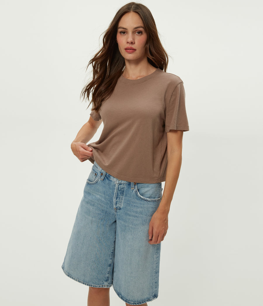 Blake Cropped Tee in Cobblestone Brown Close Up View #COBBLESTONE