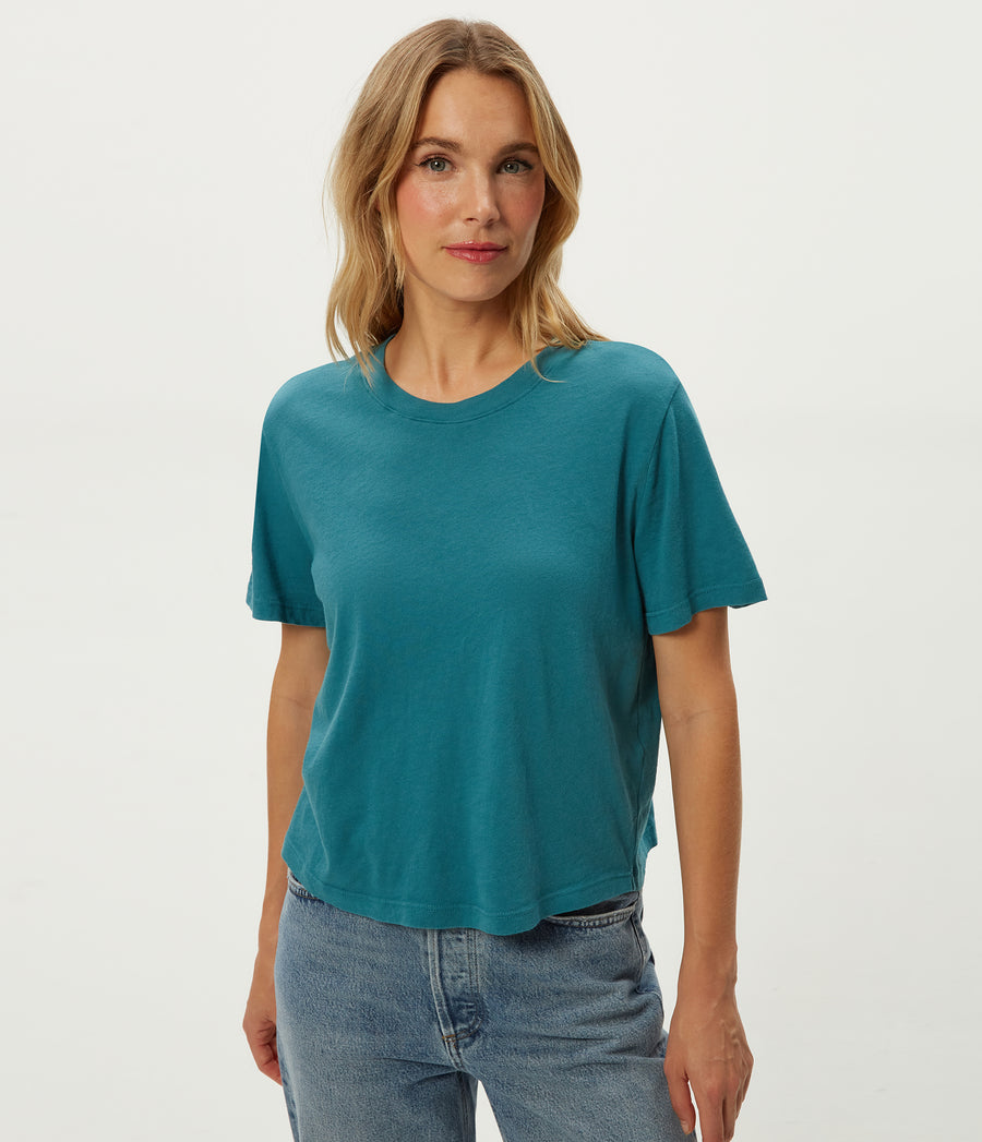 Blake Cropped Tee in GLAZE Blue Close Up View #GLAZE