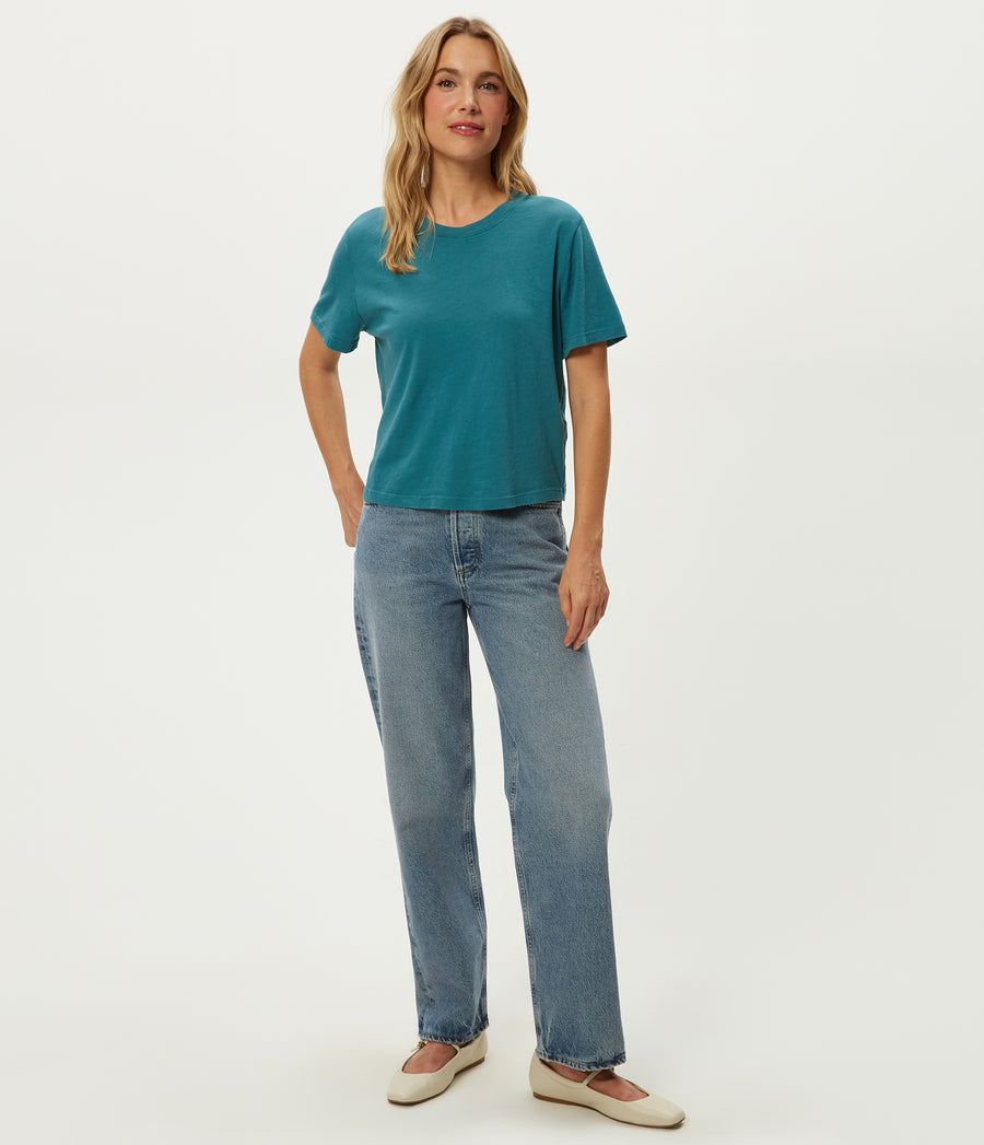 Blake Cropped Tee in GLAZE Blue Full Body View #GLAZE
