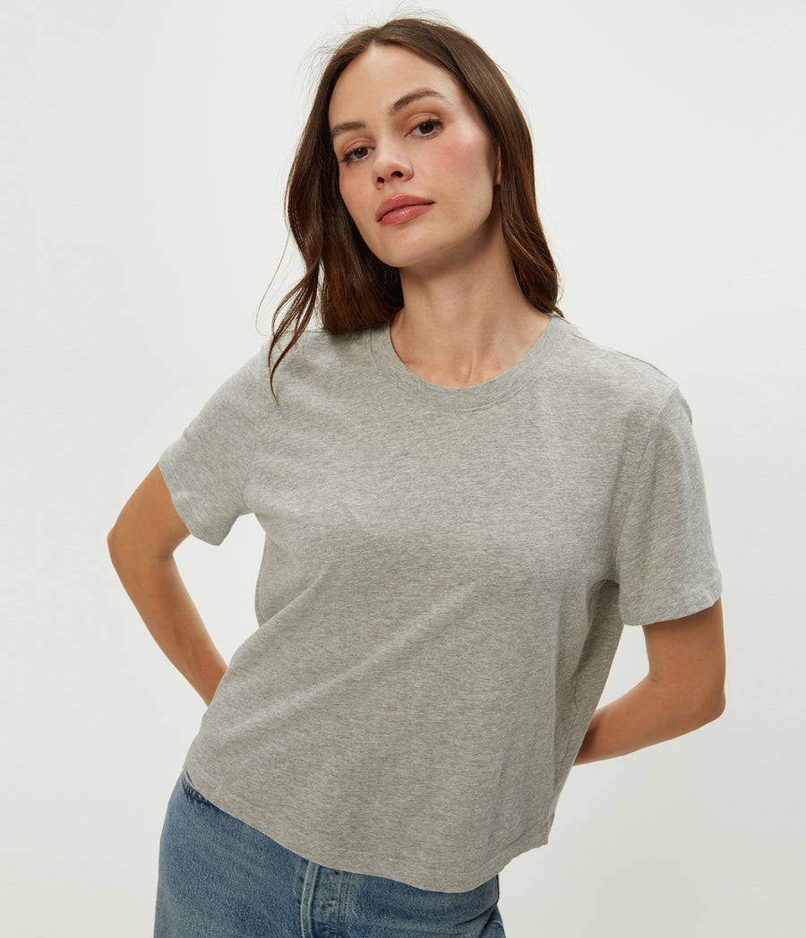 Blake Cropped Tee in Heather Grey Close Up View #HEATHER GREY