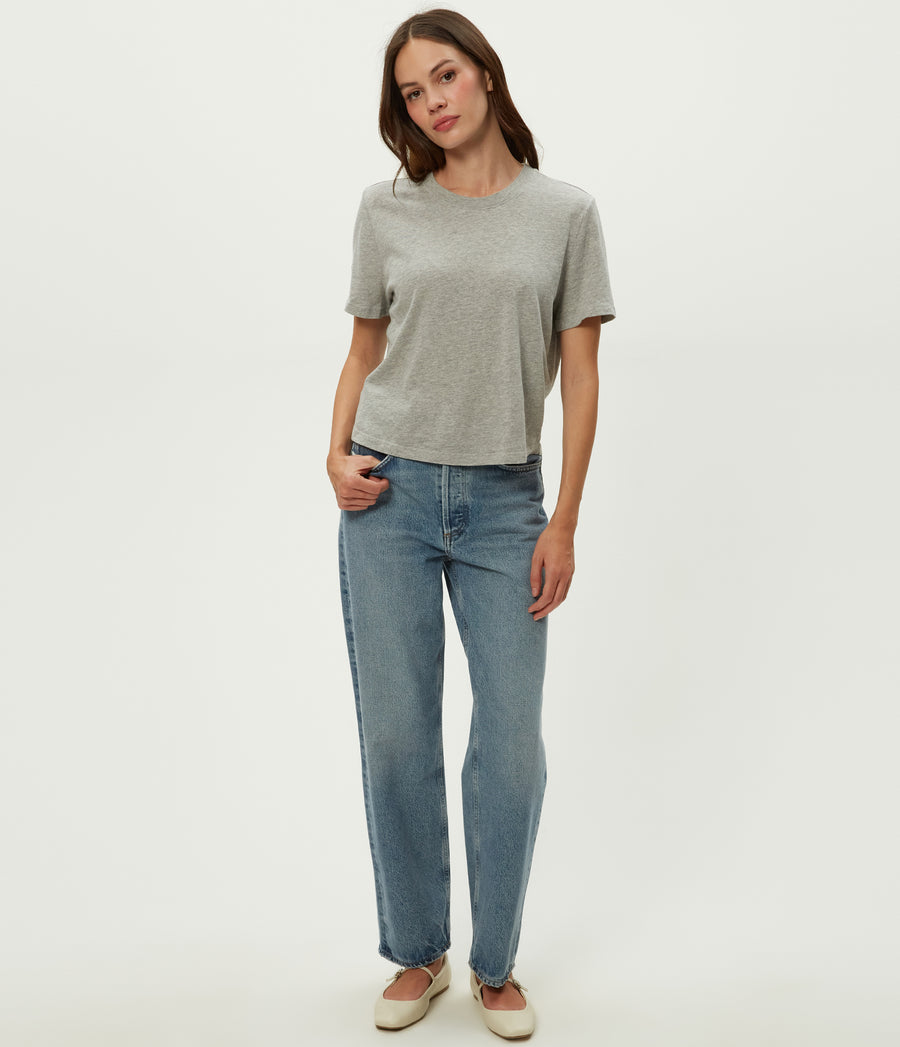 Blake Cropped Tee in Heather Grey Full Body View #HEATHER GREY