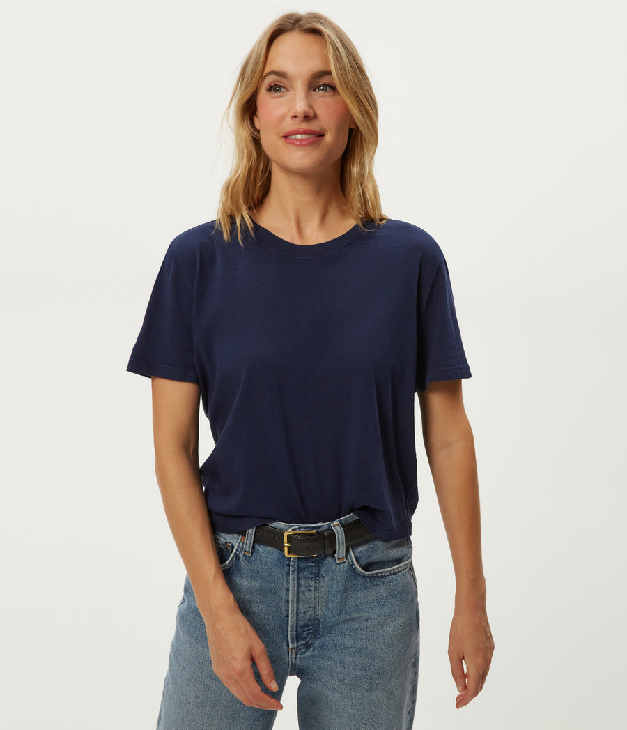 Blake Cropped Tee in Nocturnal Blue Close Up View #NOCTURNAL