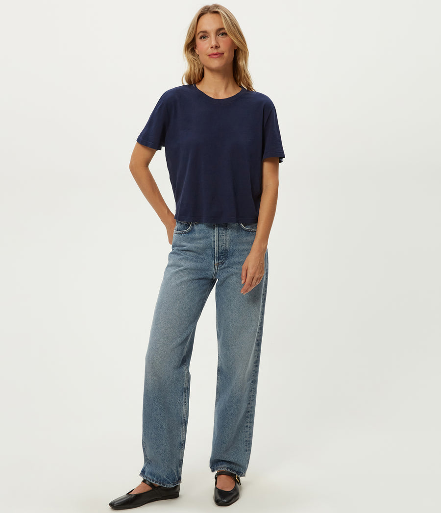 Blake Cropped Tee in Nocturnal Blue Full Body View #NOCTURNAL