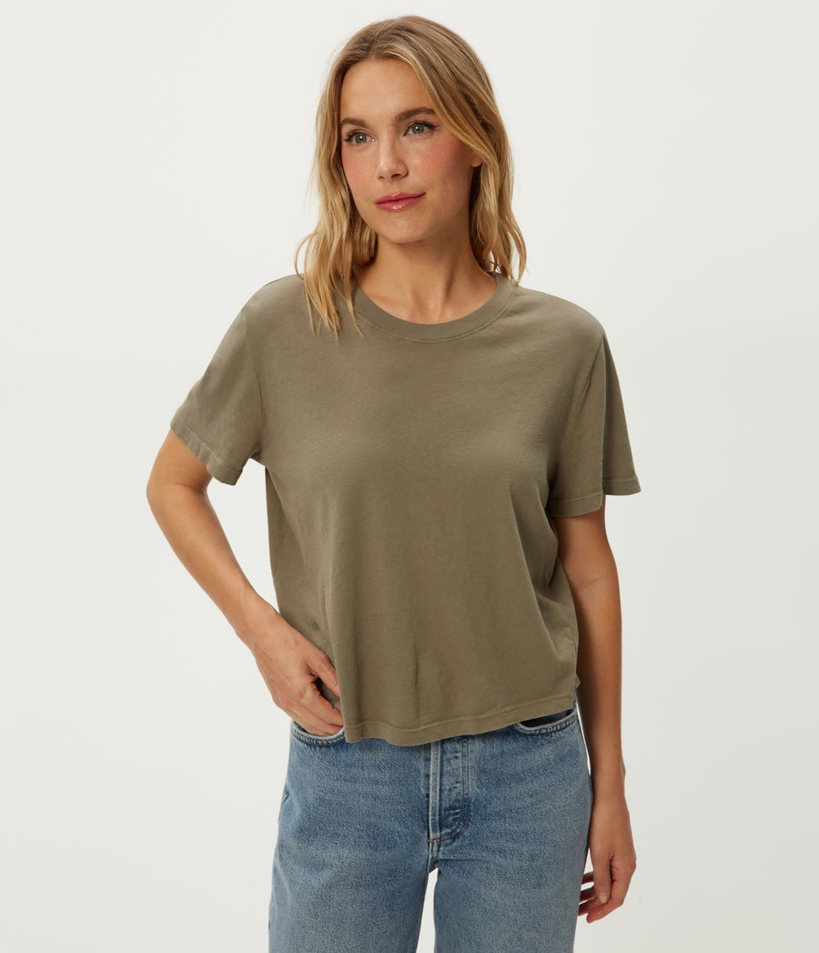 Blake Cropped Tee in Olive Green Close up View #OLIVE