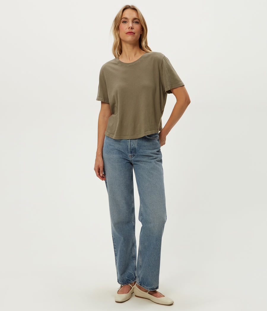 Blake Cropped Tee in Olive Green Full Body View #OLIVE