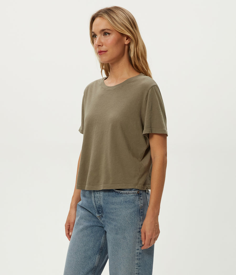 Blake Cropped Tee in Olive Green Side View #OLIVE