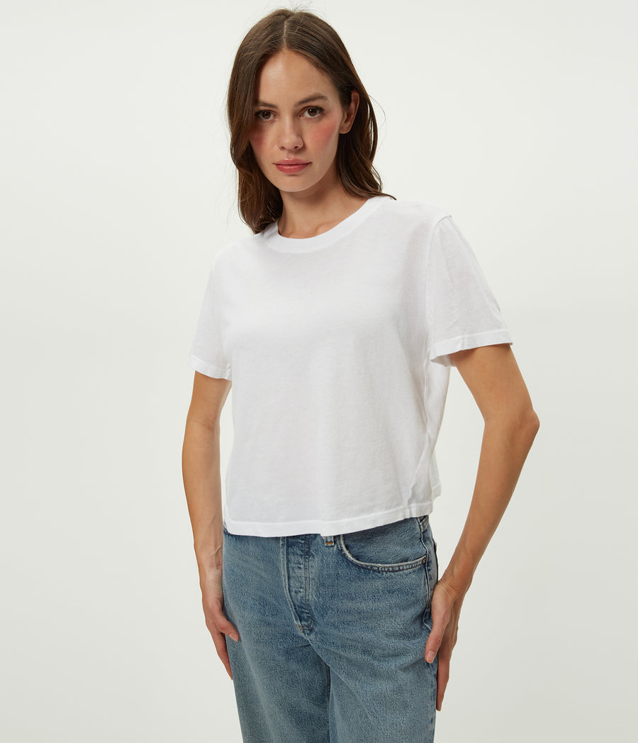 Blake Cropped Tee in White Close Up View #WHITE