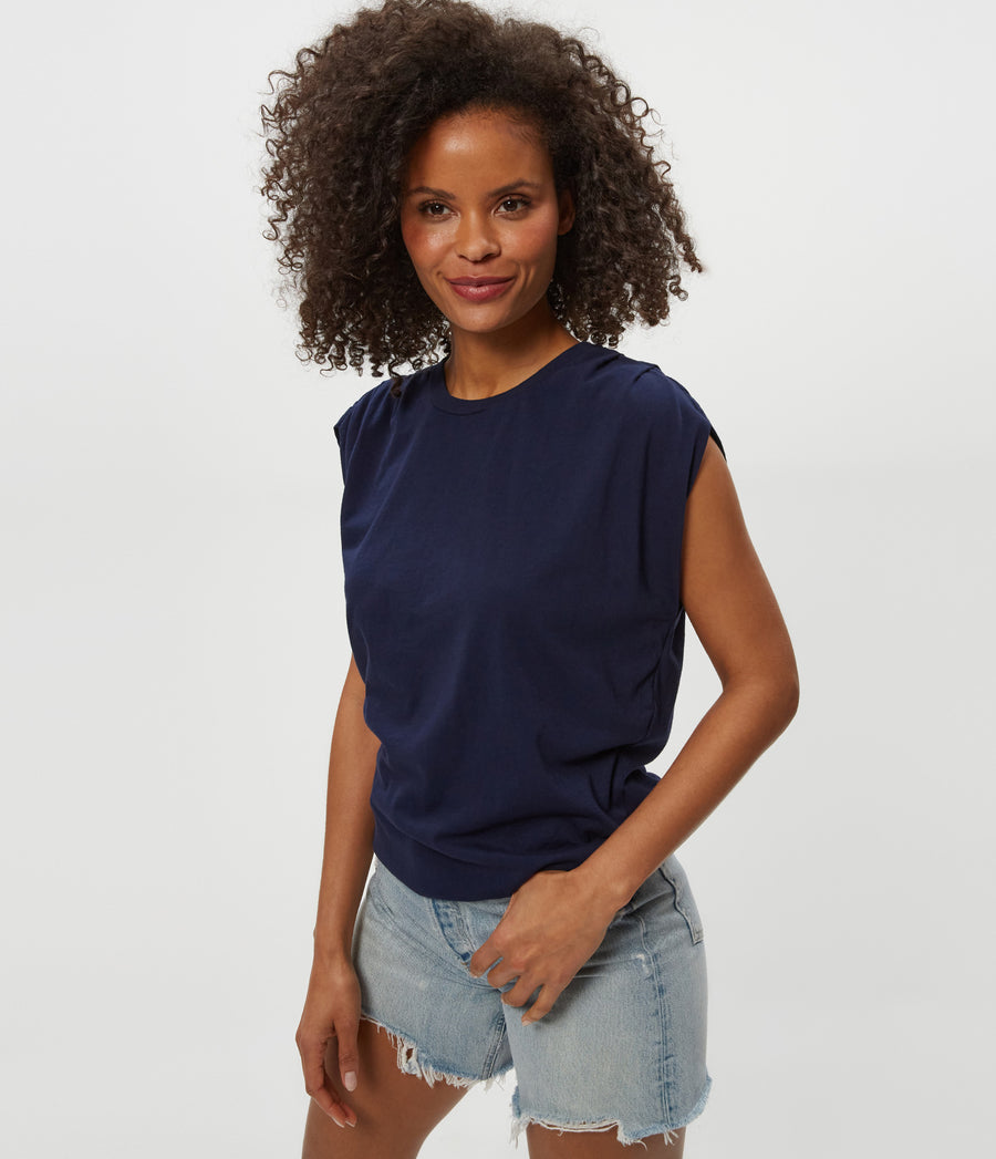 Luca Jersey Bubble Tee in Nocturnal Blue Close up View  #NOCTURNAL