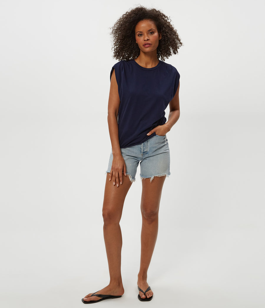 Luca Jersey Bubble Tee in Nocturnal Blue Full Body View #NOCTURNAL