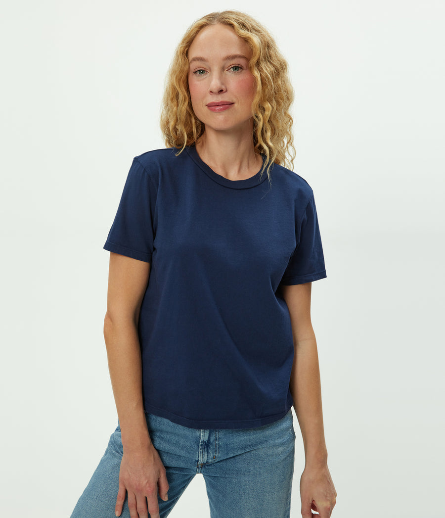 Becca Tee in Nocturnal Blue Close Up View #NOCTURNAL