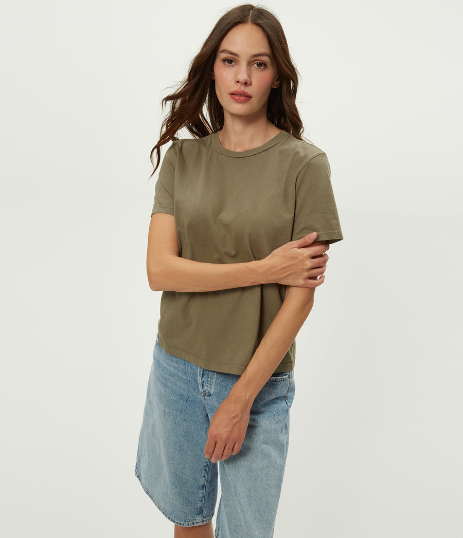 Becca Tee in Olive Green Close up View #OLIVE