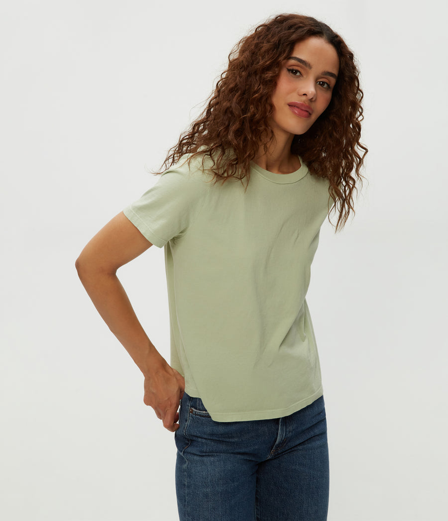 Becca Tee in Seacrest Green Close Up View #SEACREST