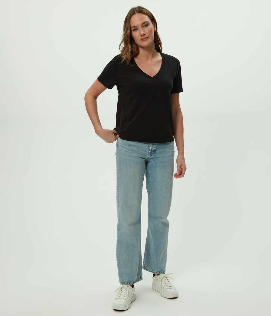 Daria V-Neck Tee in Black  Full Body View #BLACK