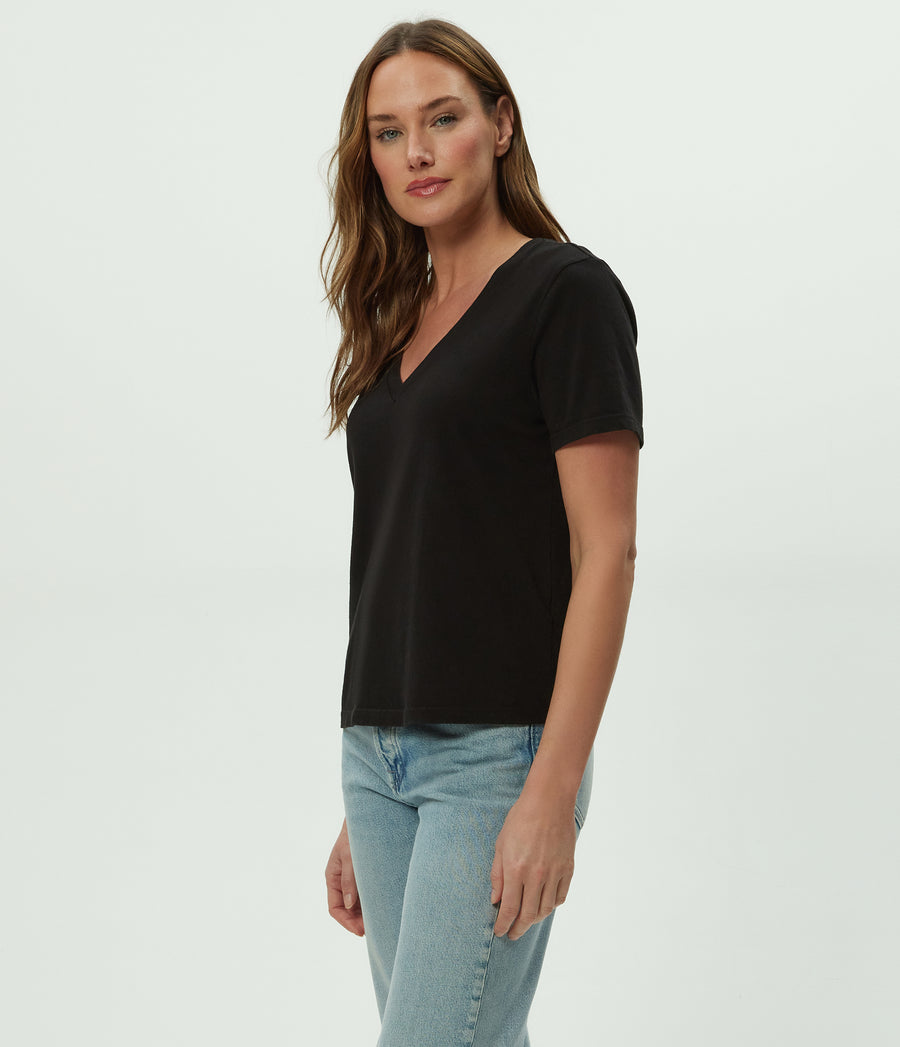 Daria V-Neck Tee in Black  Side View #BLACK