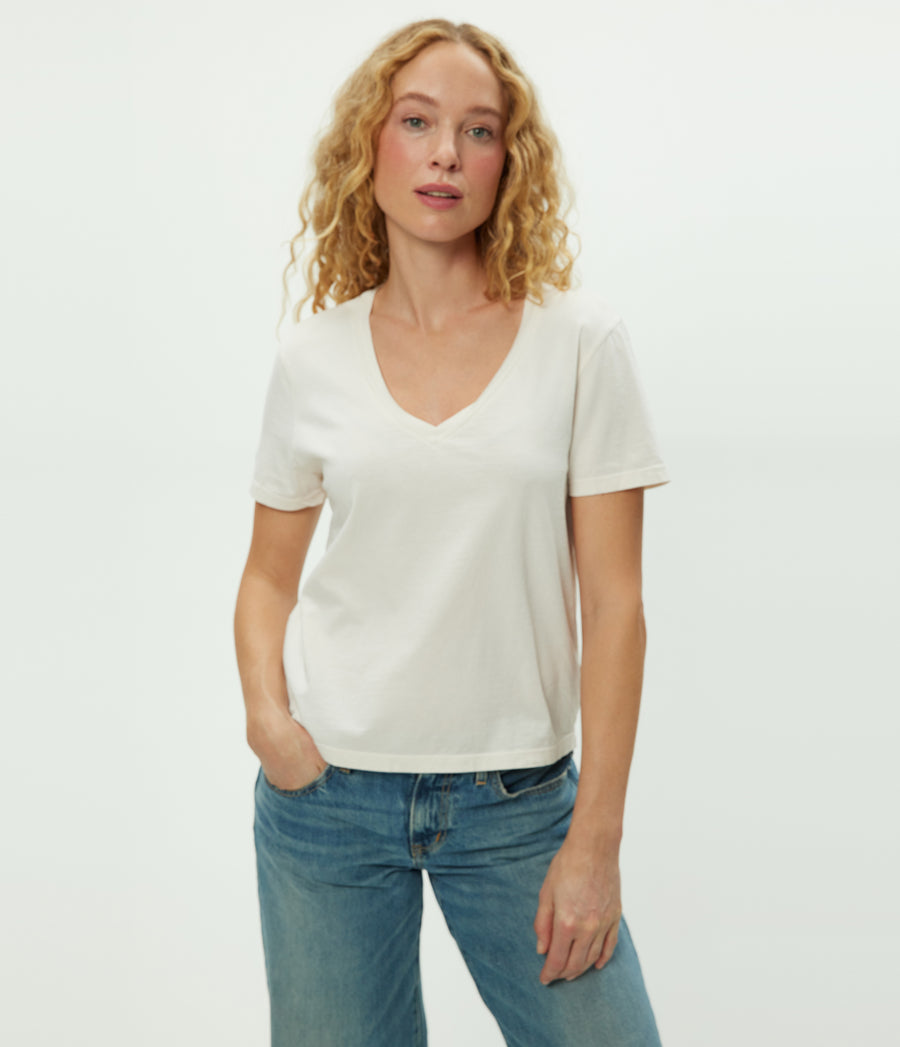 Daria V-Neck Tee in Chalk White Close Up View #CHALK