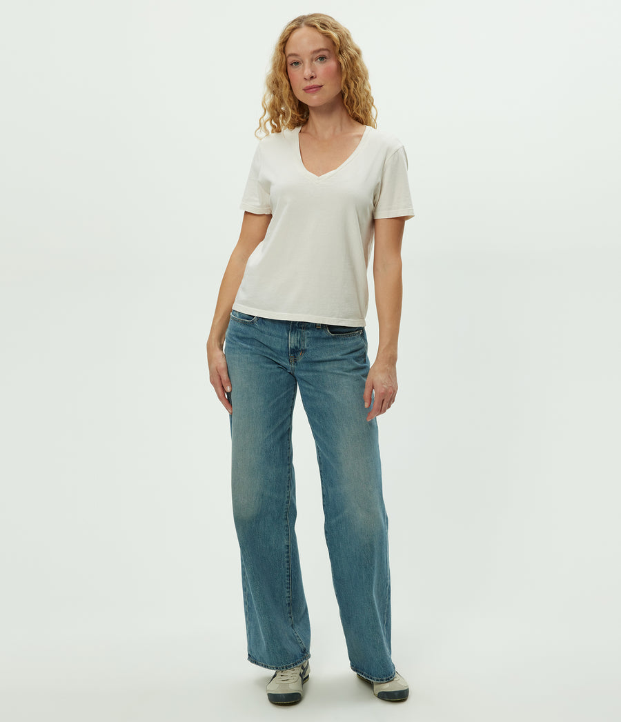 Daria V-Neck Tee in Chalk White Full Body View #CHALK
