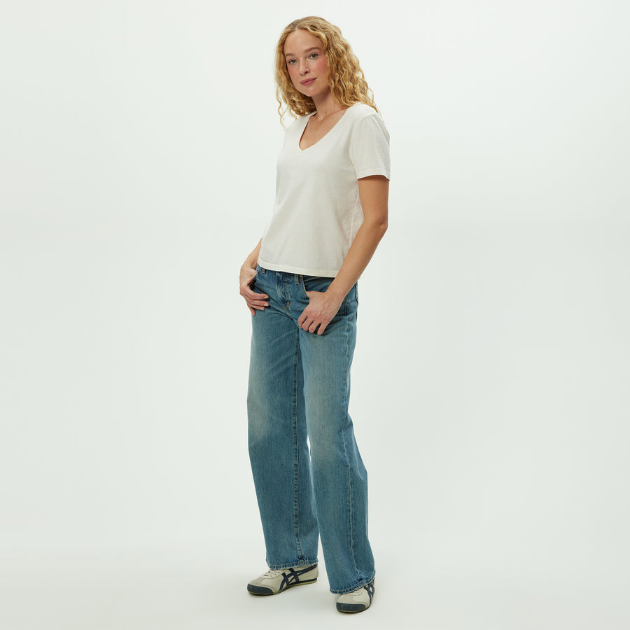 Daria V-Neck Tee in Chalk White Full Body View #CHALK