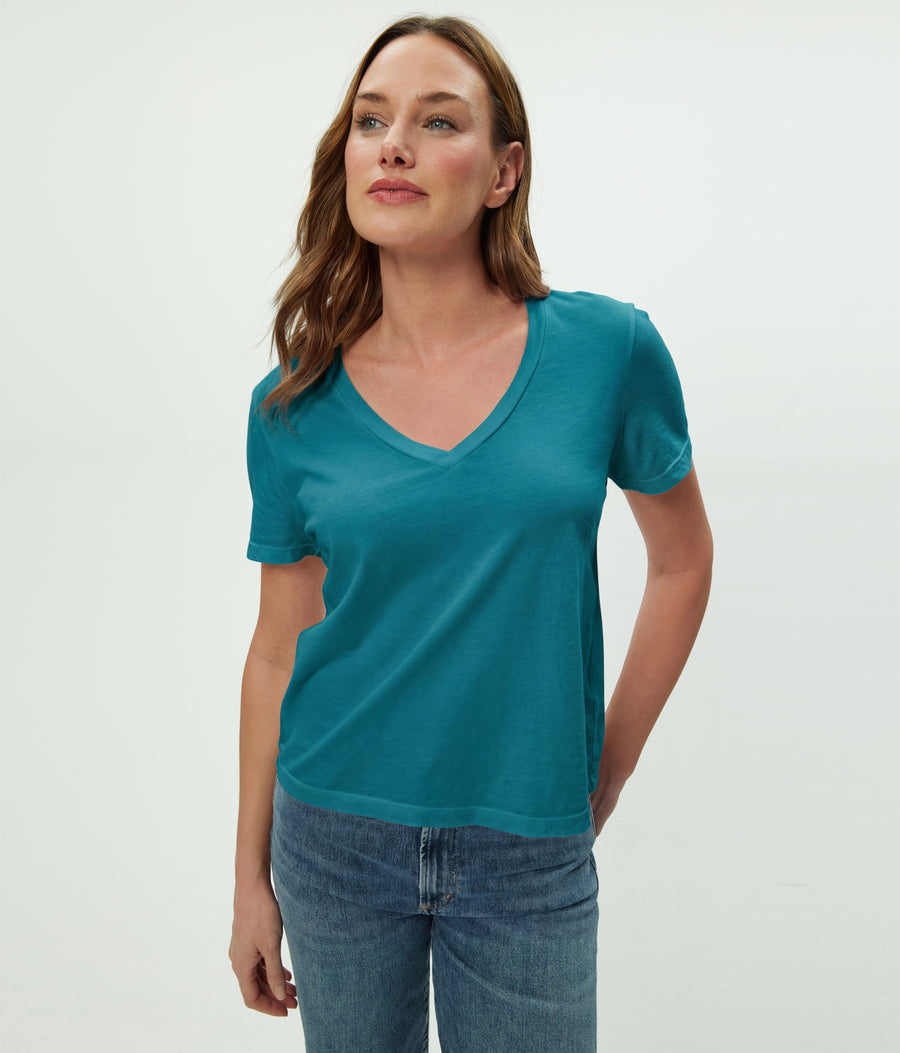 Daria V-Neck Tee in GLAZE Blue Close Up View #GLAZE