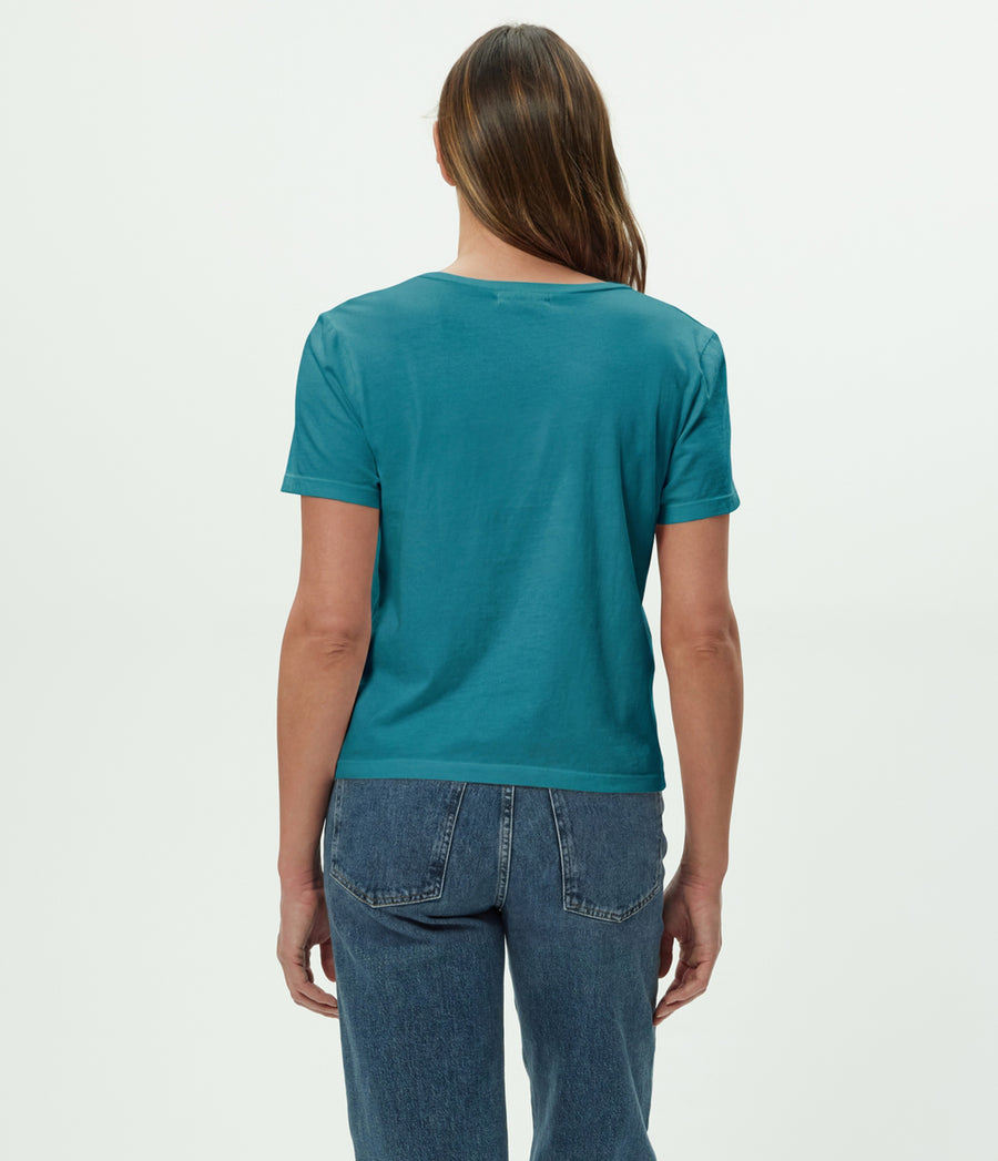 Daria V-Neck Tee in GLAZE Blue Full Body View #GLAZE