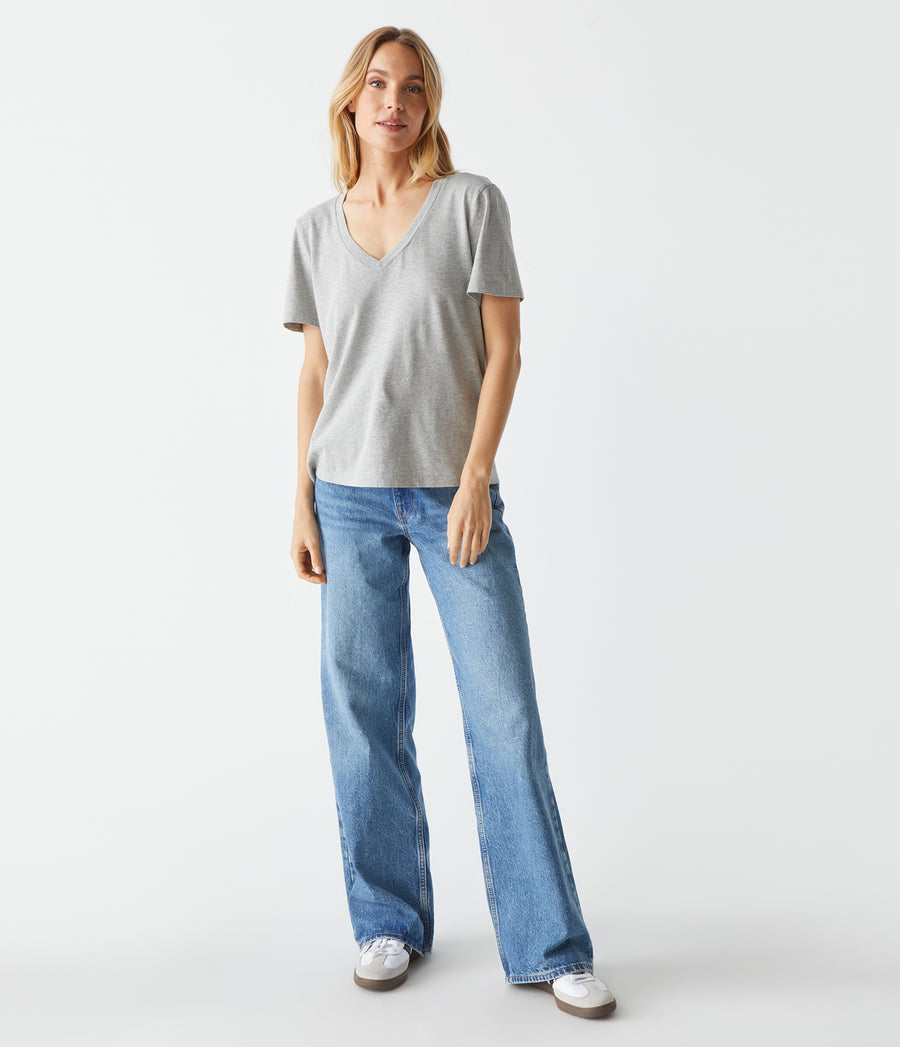 Daria V-Neck Tee in Heather Grey Full Body View #HEATHER GREY