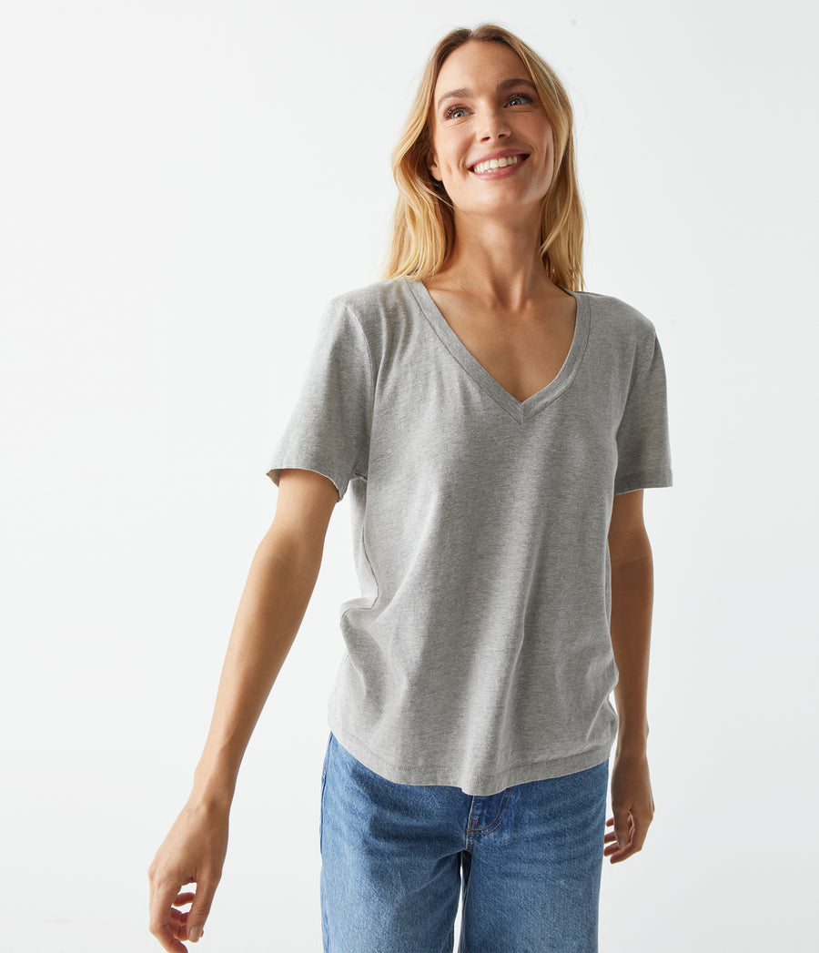Daria V-Neck Tee in Heather Grey Close Up View #HEATHER GREY