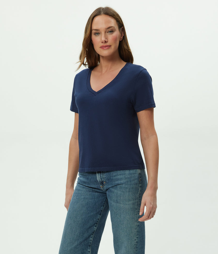Daria V-Neck Tee in Nocturnal Blue Full Body View #NOCTURNAL