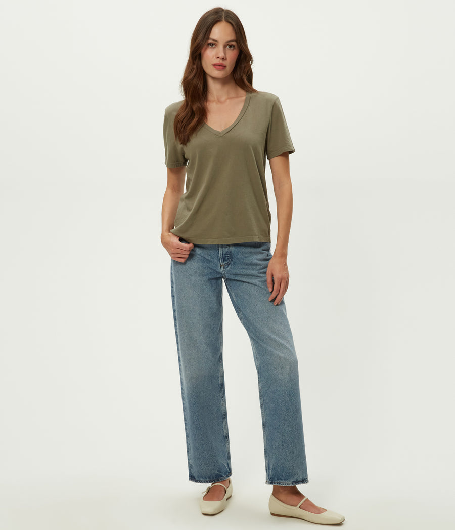 Daria V-Neck Tee in Olive Green Close up View #OLIVE