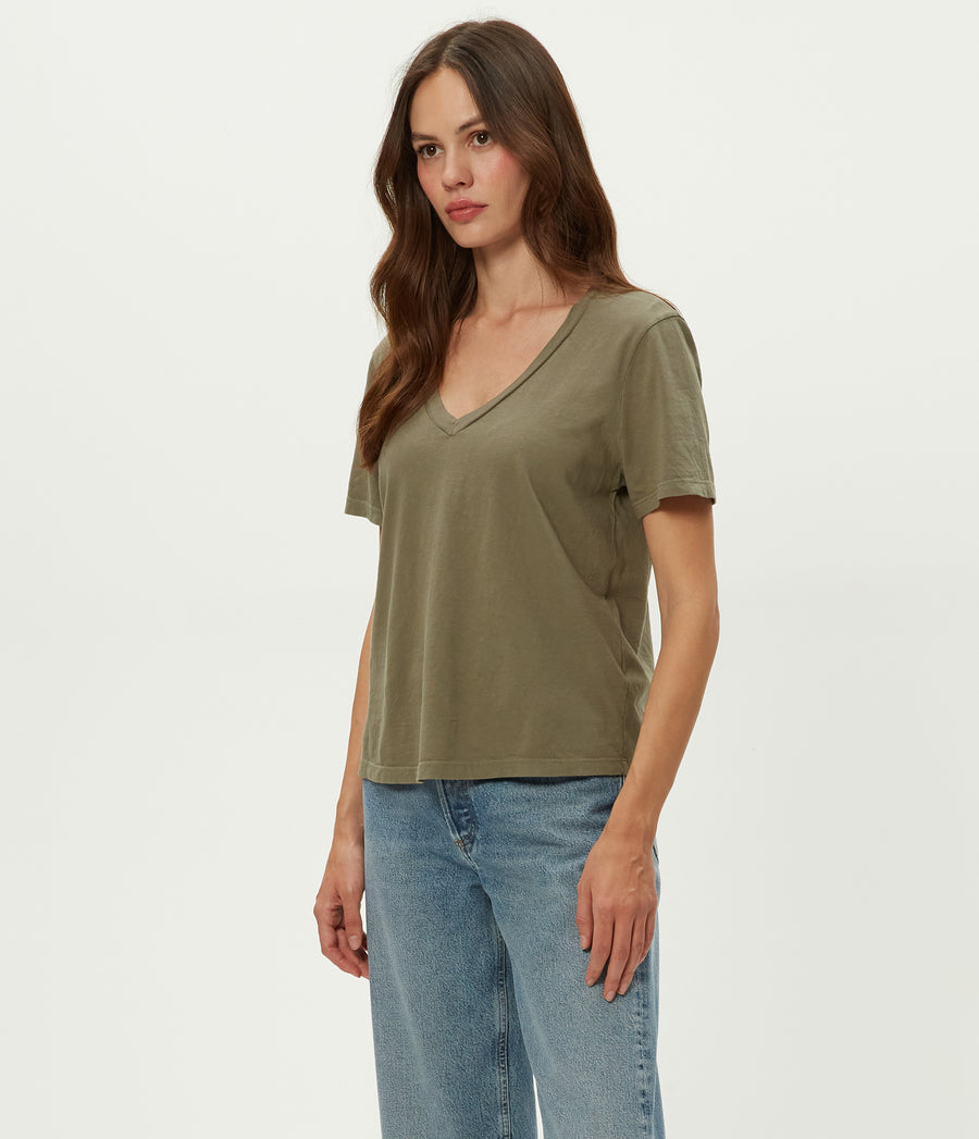 Daria V-Neck Tee in Olive Green Side View #OLIVE