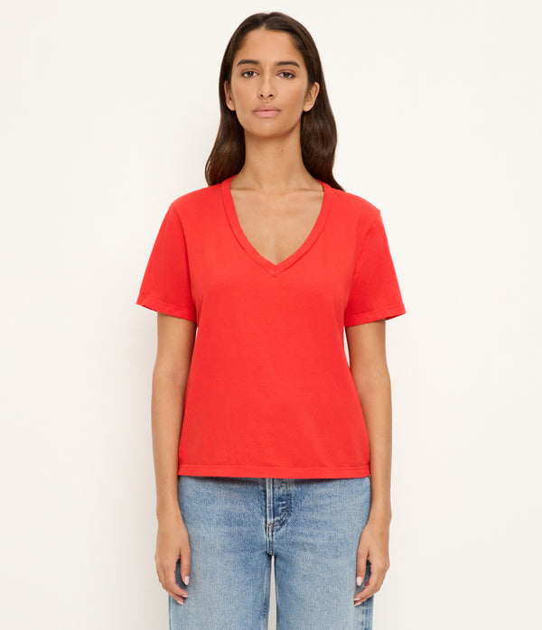 Daria V-Neck Tee in SAMBA RED Full Body View #SAMBA