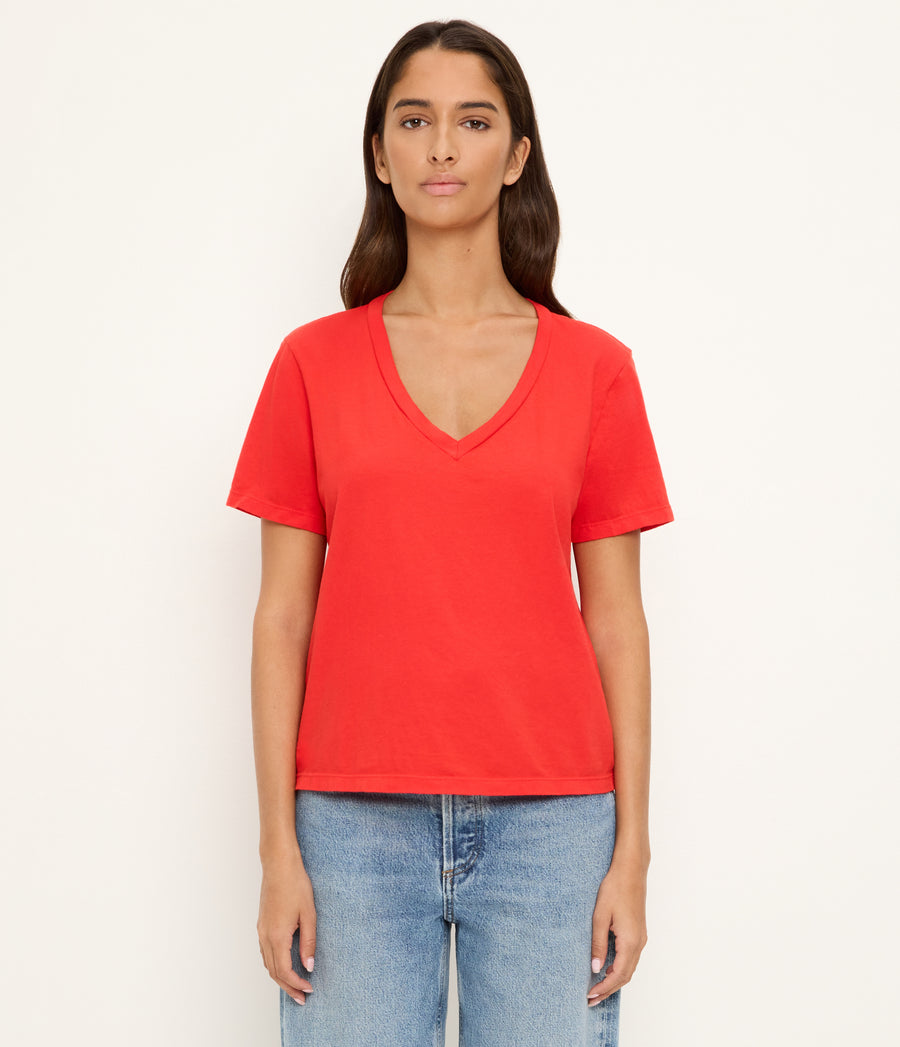 Daria V-Neck Tee in SAMBA RED Full Body View #SAMBA