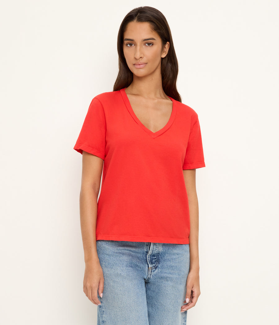 Daria V-Neck Tee in SAMBA RED Full Body View #SAMBA