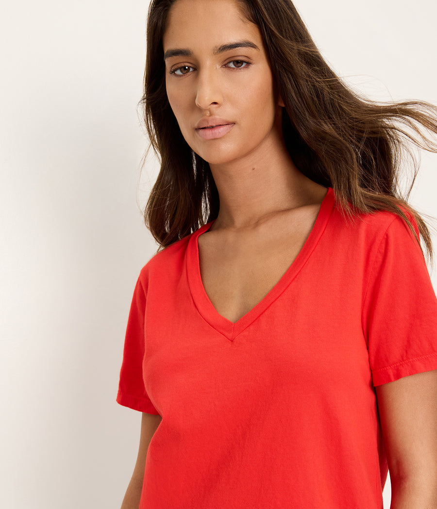 Daria V-Neck Tee in SAMBA RED Close up View #SAMBA