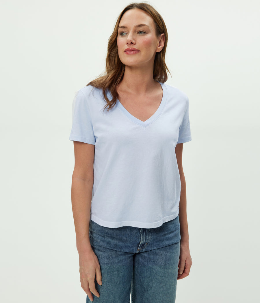 Daria V-Neck Tee in SPLASH Blue Close up View #SPLASH