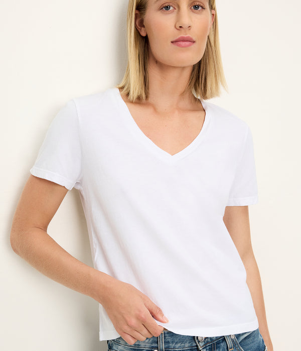 Daria V-Neck Tee in White  Close Up View #WHITE