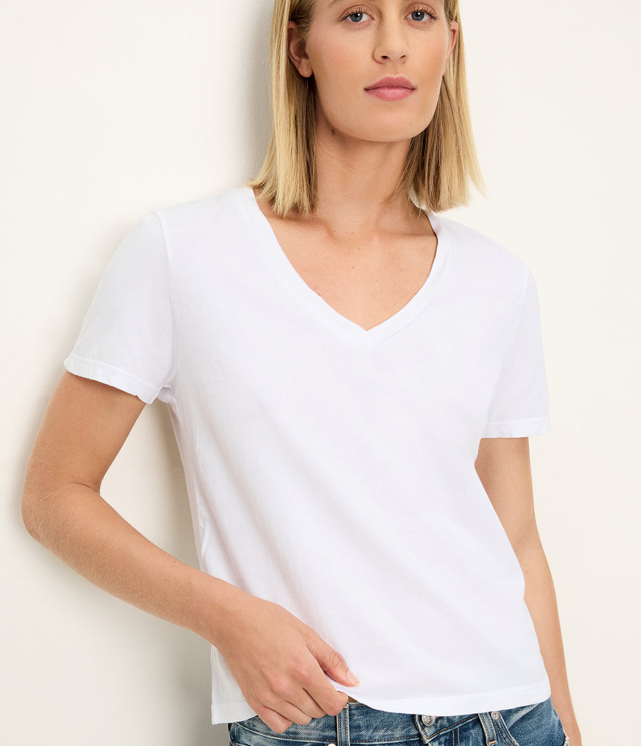 Daria V-Neck Tee in White  Close Up View #WHITE