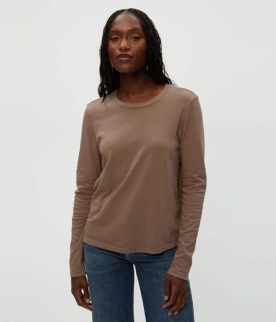 Clarissa Long Sleeve Tee in Cobblestone Brown Close Up View #COBBLESTONE