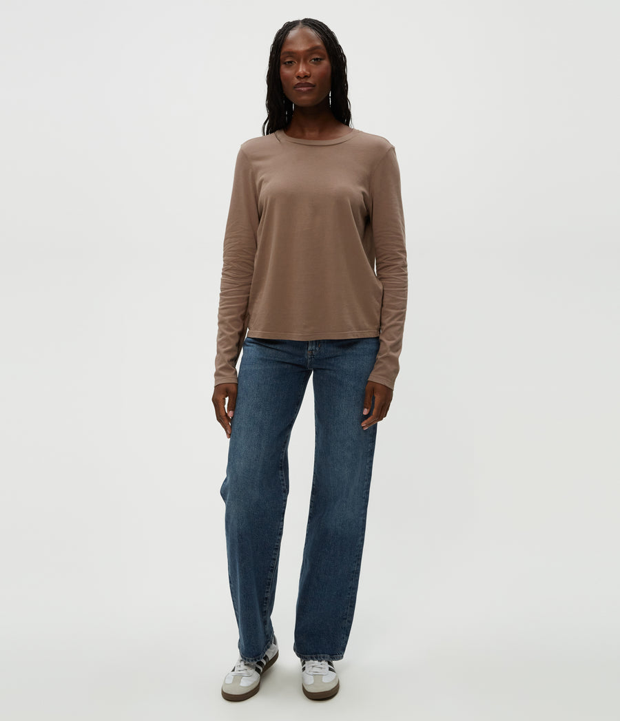 Clarissa Long Sleeve Tee in Cobblestone Brown Close Up View #COBBLESTONE