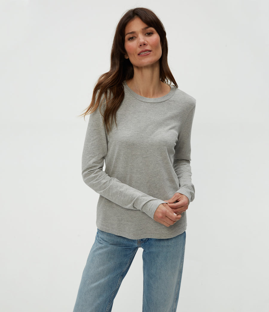 Clarissa Long Sleeve Tee in Heather Grey Grey Close Up View #HEATHER GREY