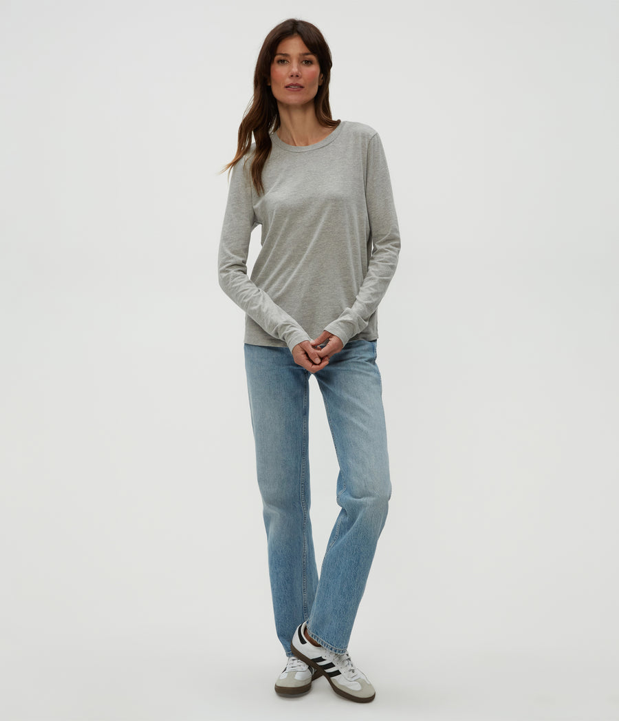 Clarissa Long Sleeve Tee in Heather Grey Grey Full Body View #HEATHER GREY