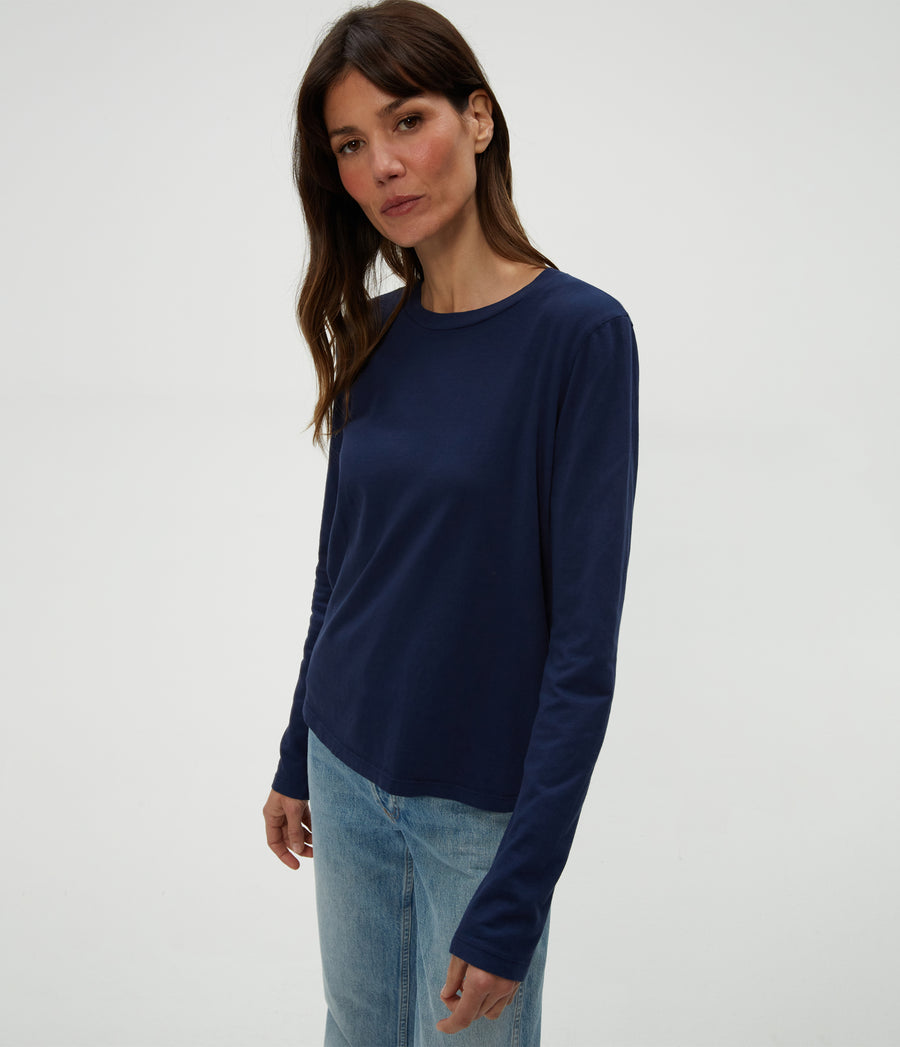 Clarissa Long Sleeve Tee in Nocturnal Blue Close Up View #NOCTURNAL