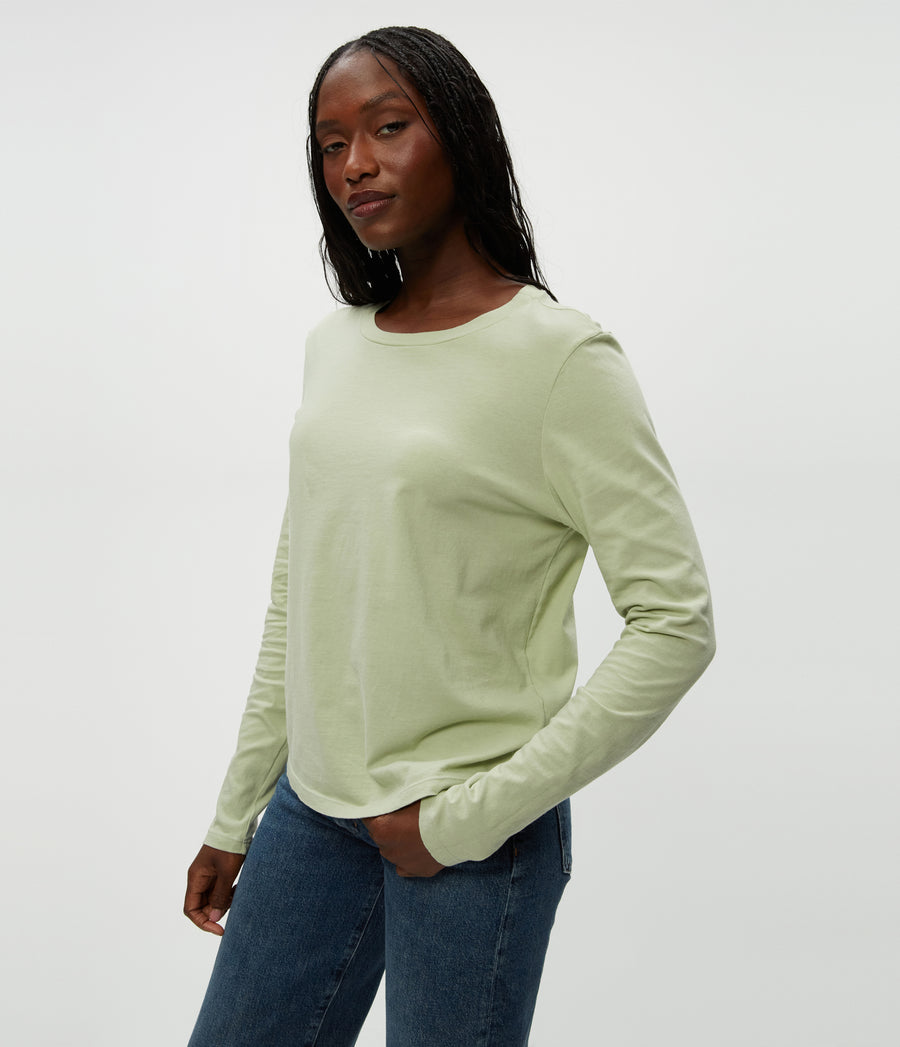 Clarissa Long Sleeve Tee in Seacrest Green Close Up View #SEACREST