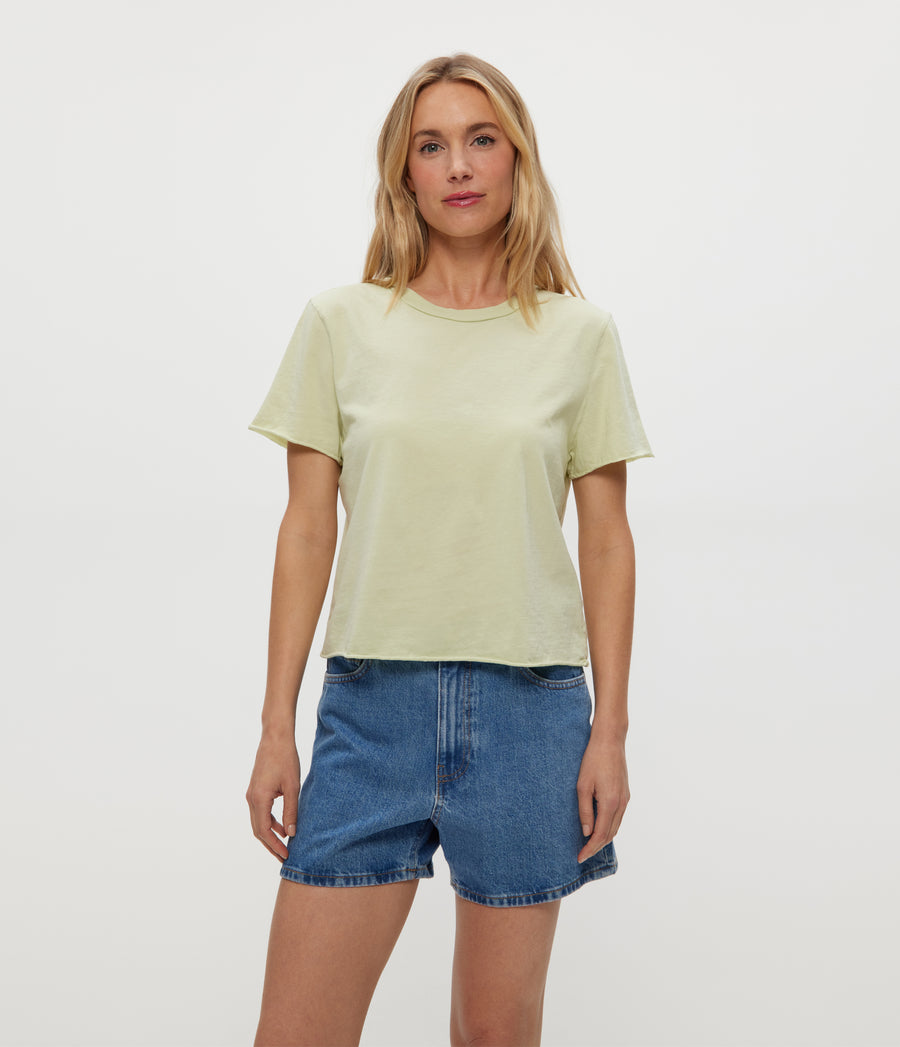 Jackie Crewneck Tee in Celery GREEN Close Up View #CELERY