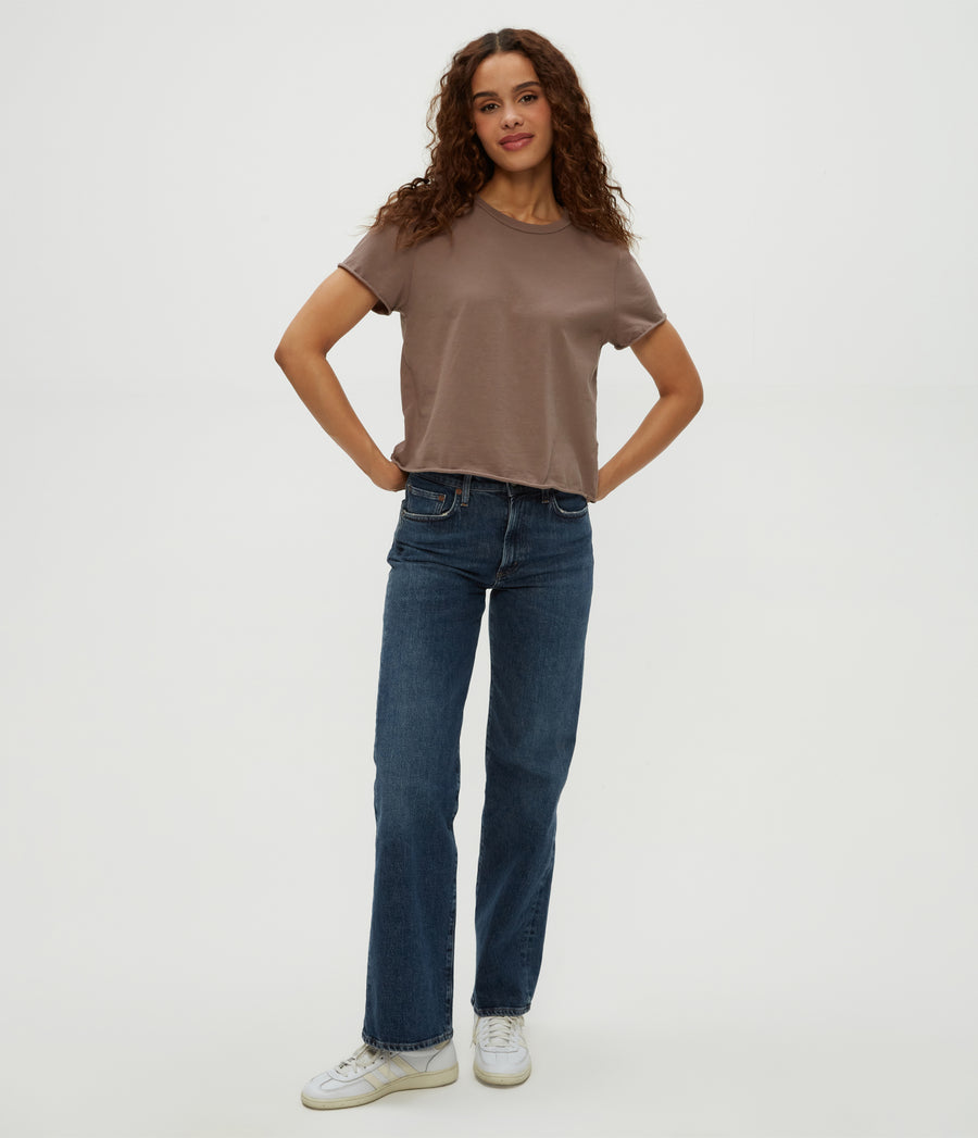 Jackie Crewneck Tee in Cobblestone Brown Full Body View #COBBLESTONE
