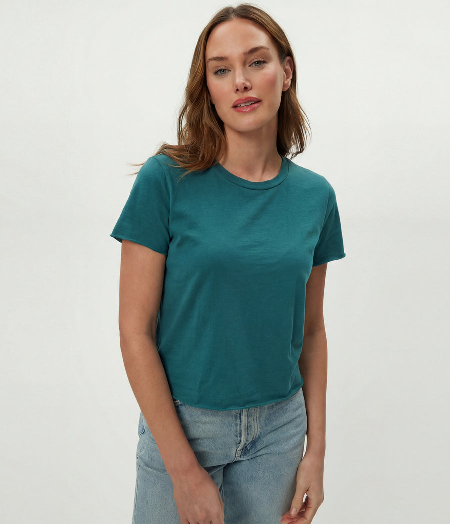 Jackie Crewneck Tee in GLAZE Blue Close Up View #GLAZE