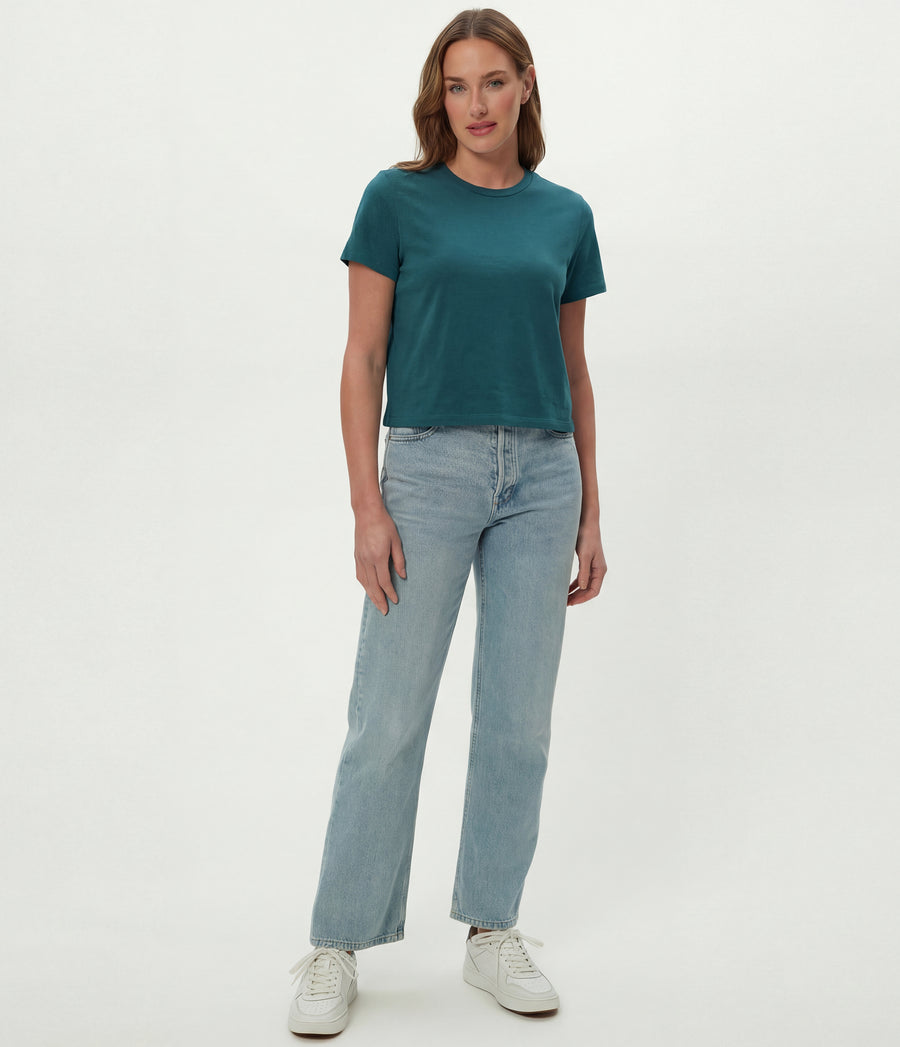 Jackie Crewneck Tee in GLAZE Blue Full Body View #GLAZE
