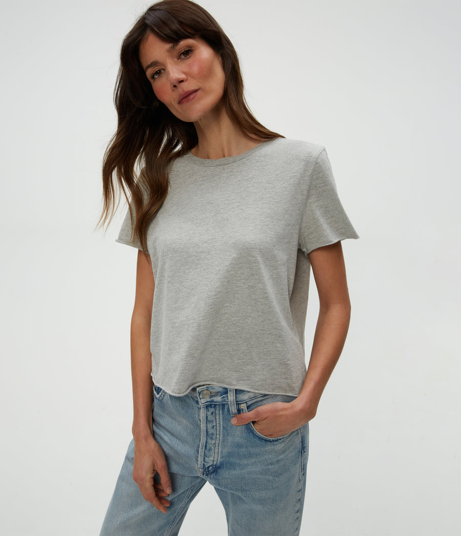 Jackie Crewneck Tee in Heather Grey Grey Close Up View #HEATHER GREY