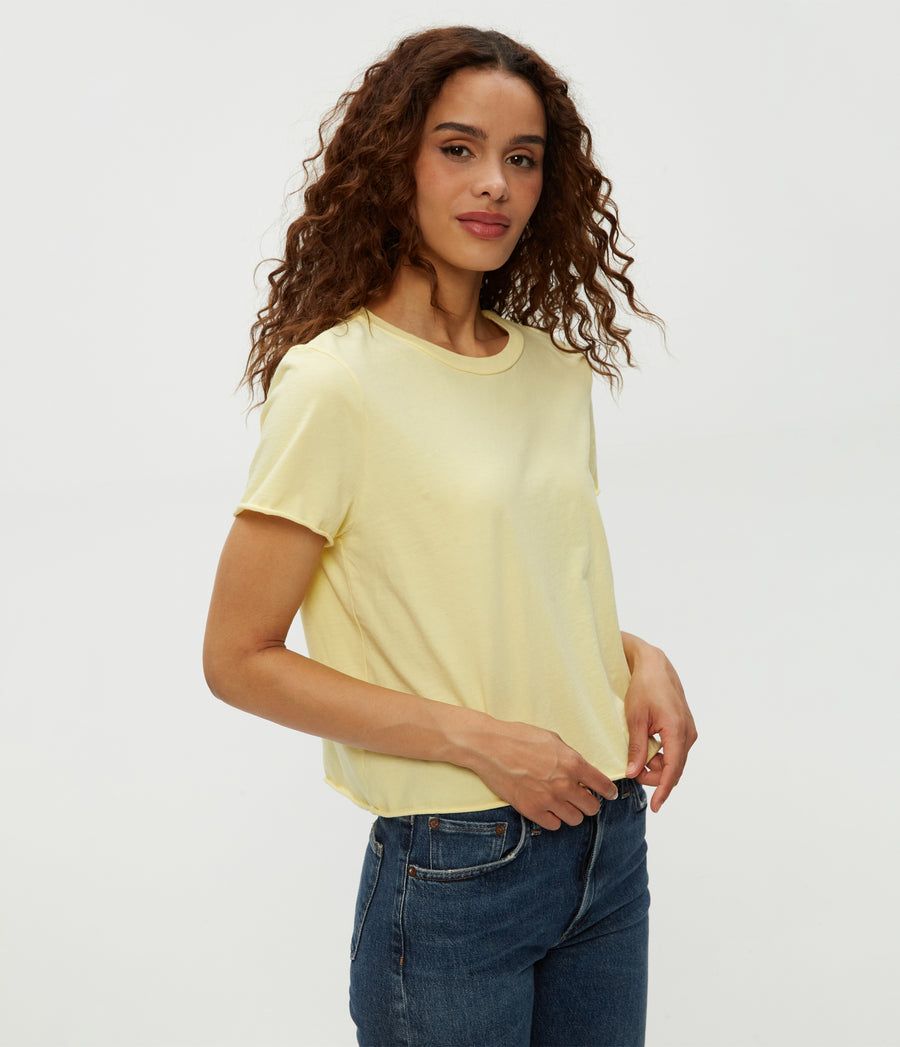 Jackie Crewneck Tee in Lemonade Yellow Close Up View #LEMONADE