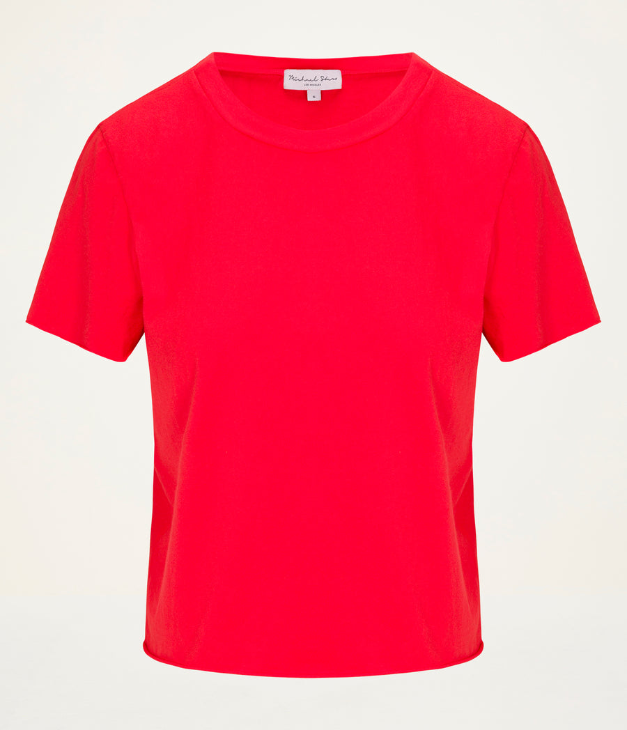 Jackie Crewneck Tee in SAMBA RED Close up View #SAMBA