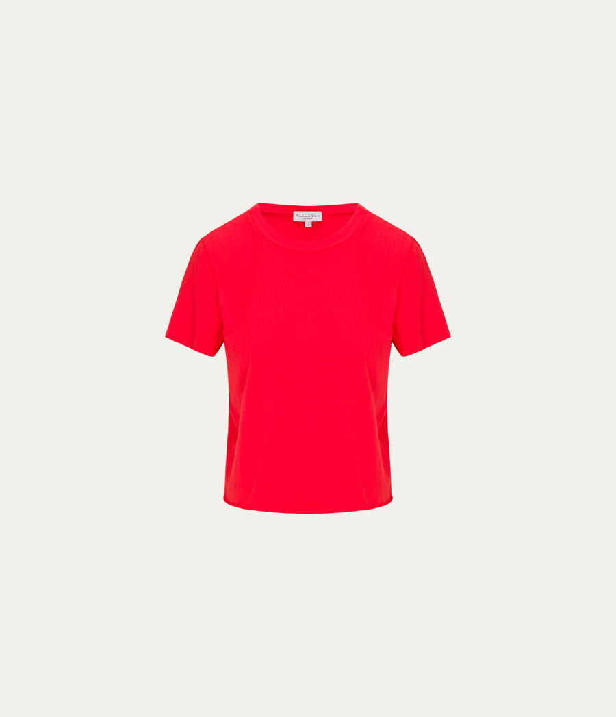 Jackie Crewneck Tee in SAMBA RED Close up View #SAMBA